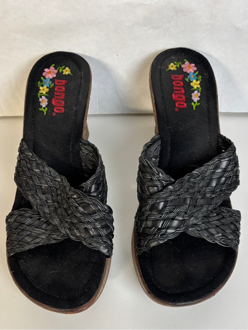 Vintage Bongo Wedge Sandals Women 8.5 Black Woven Strap Cork Platform Y2K Floral